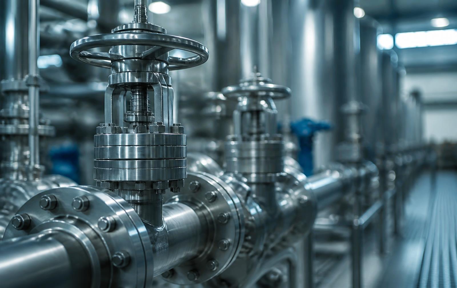 Illustrative image: precision industrial valve components in a workshop.