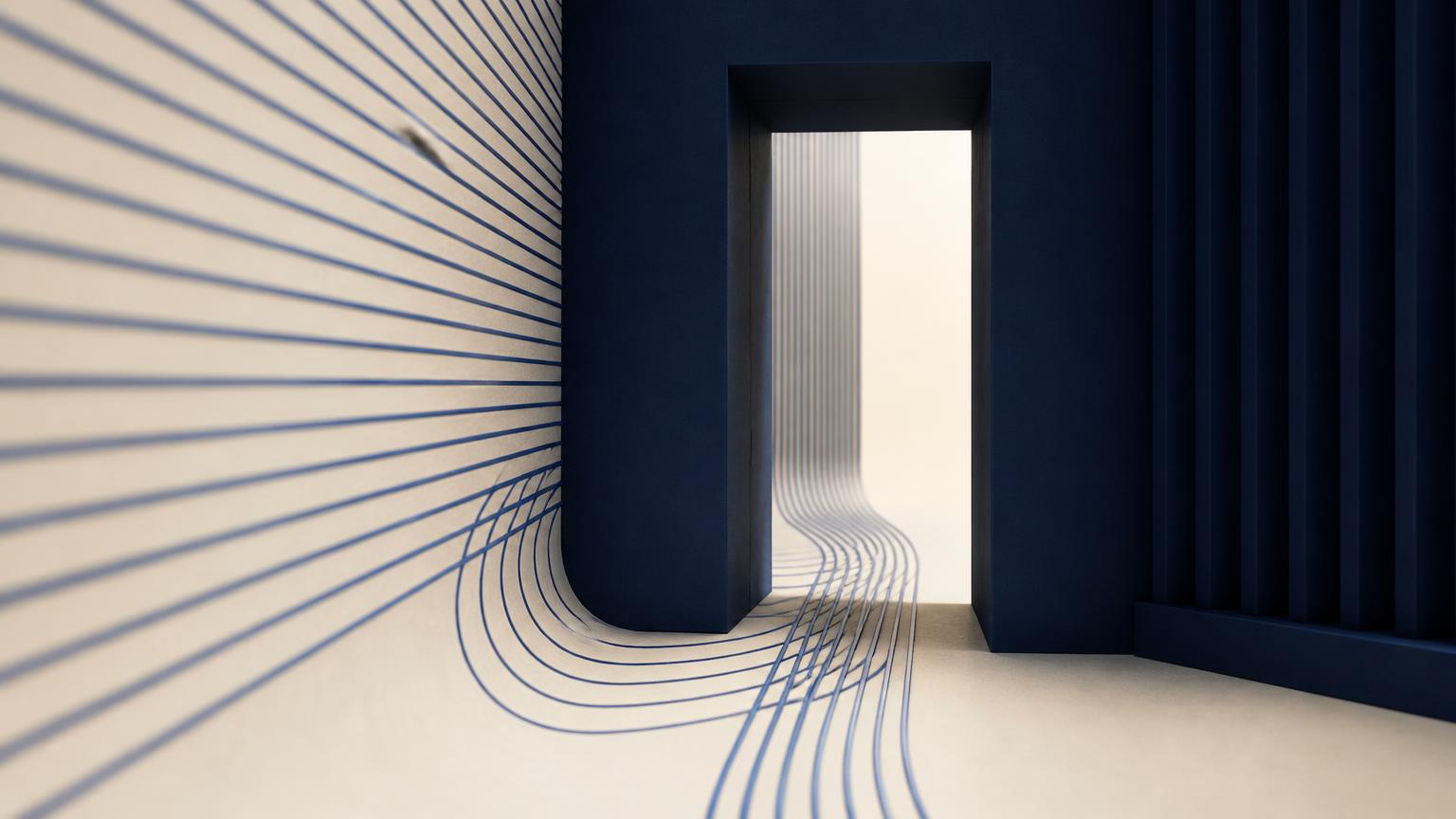 Fine cobalt lines flowing through a navy aperture into warm ivory light.