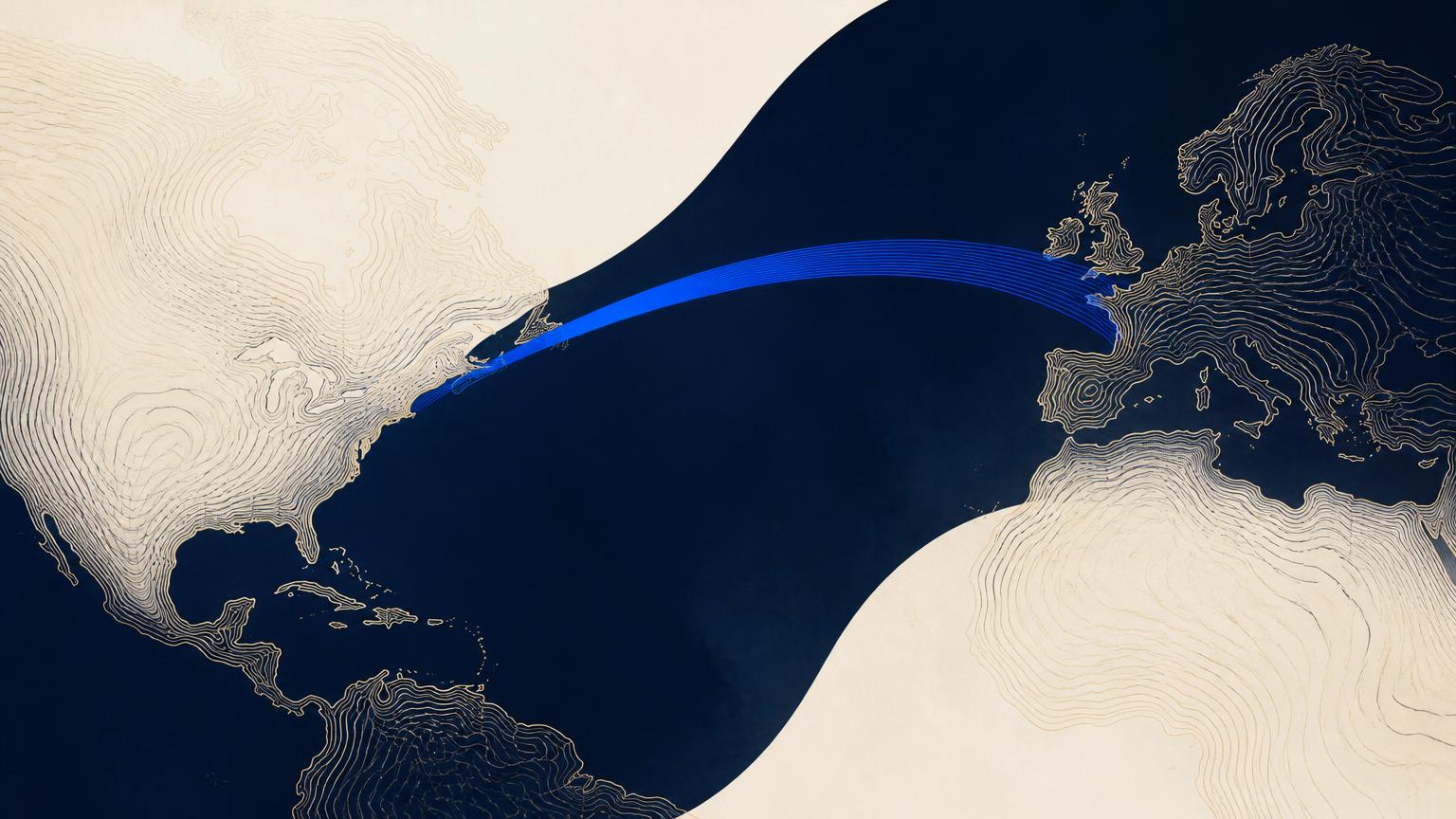 Contour-line map of two continents joined by a sweeping cobalt arc across a navy ocean.