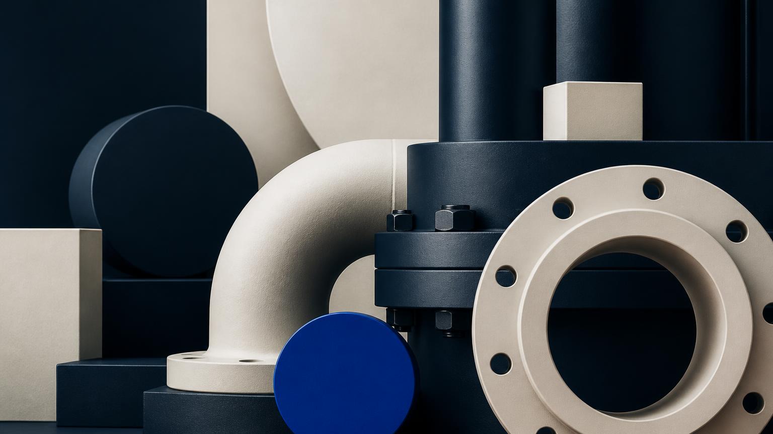 Machined industrial forms in deep navy and warm ivory with a single cobalt disc.