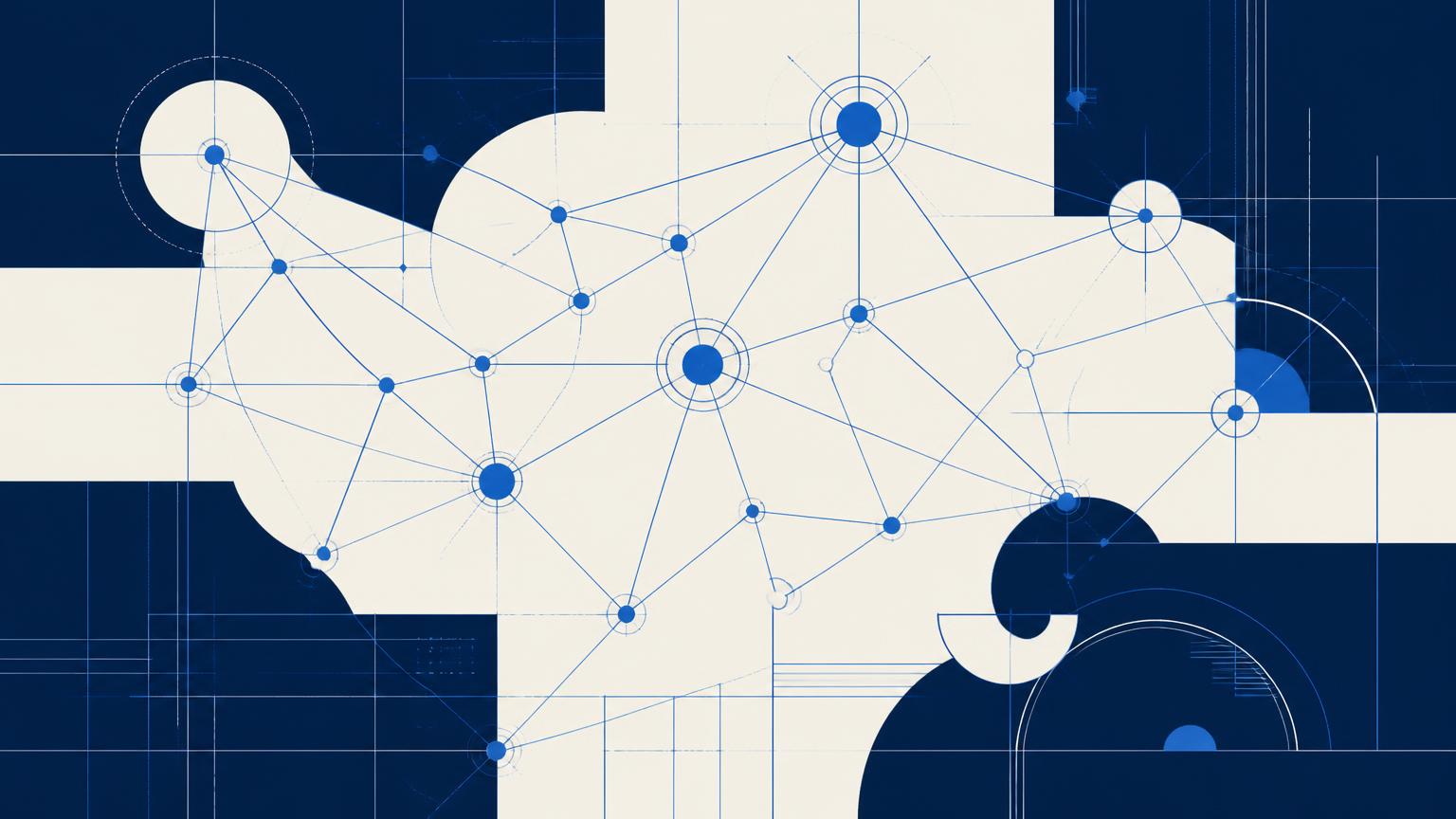 Abstract network of cobalt nodes and connecting lines on a deep navy and warm ivory field.