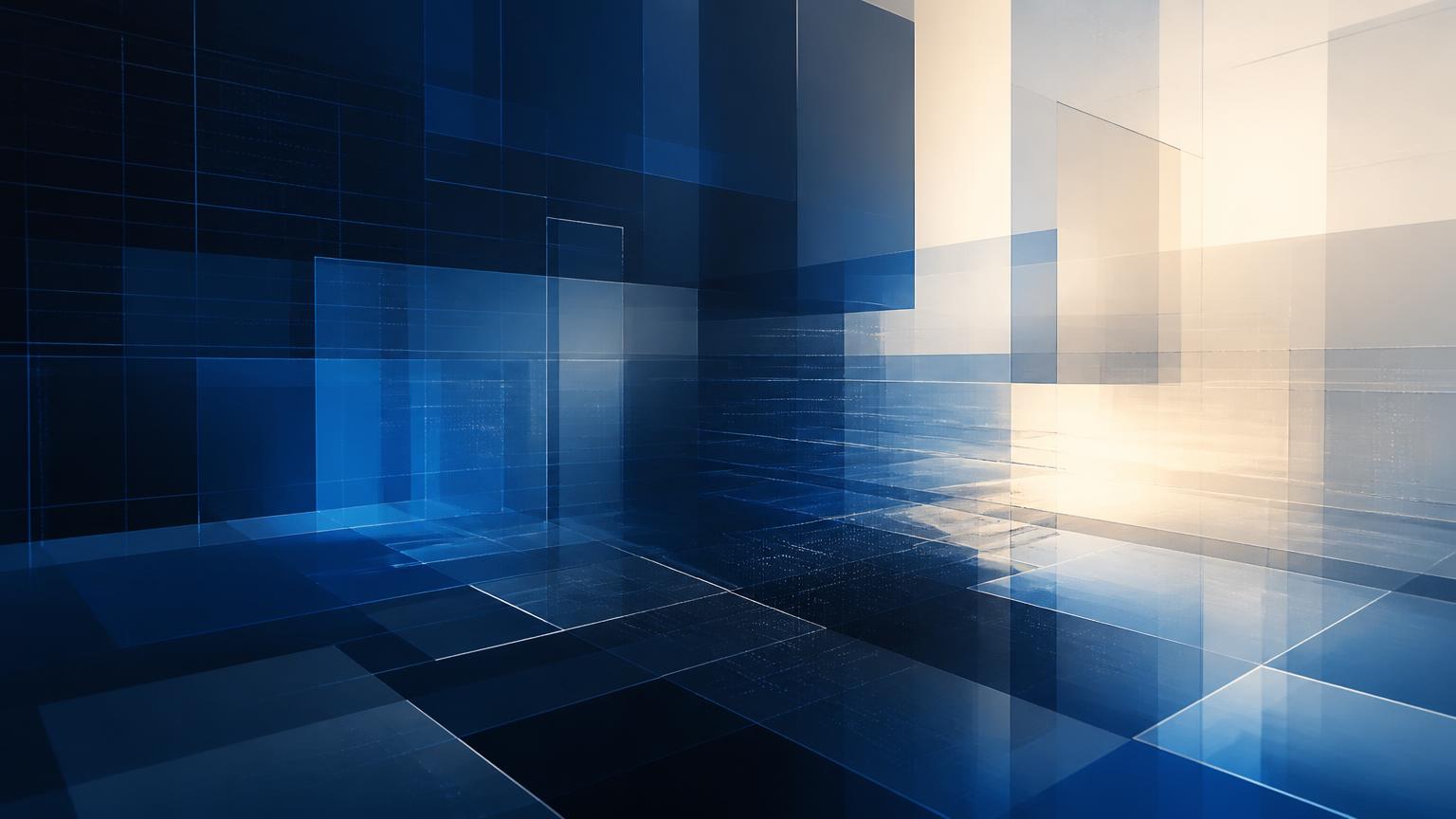 Layered translucent planes in navy and cobalt receding toward warm ivory light.